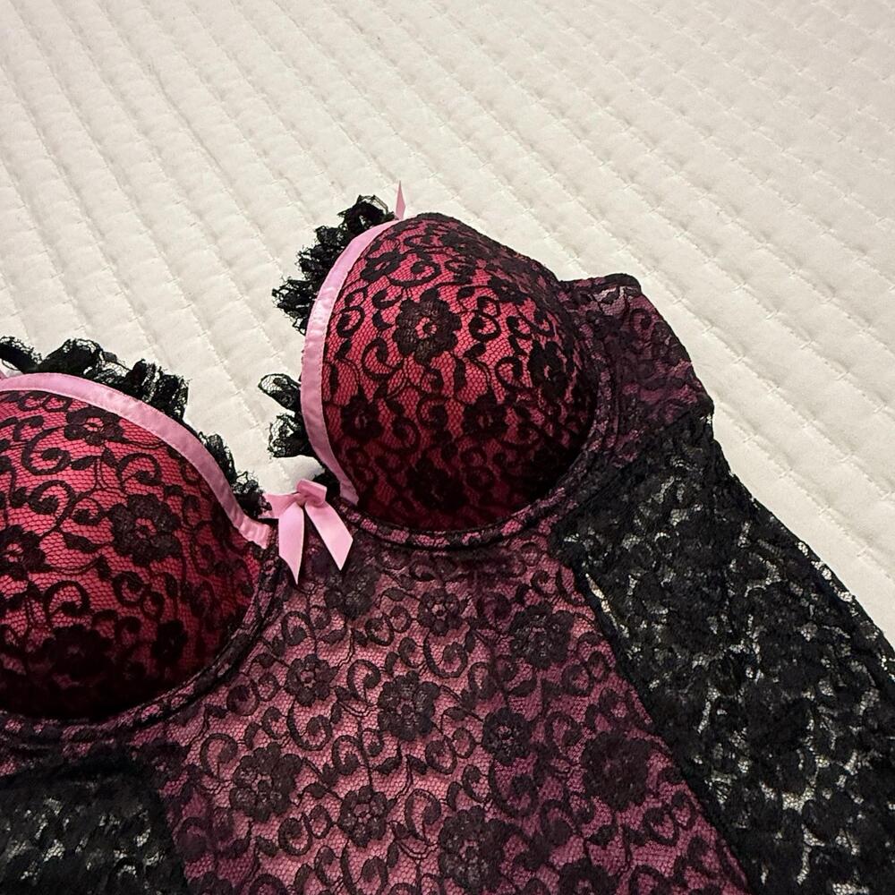 Victoria’s Secret Black Pink Babydoll Chemise Garters 36C Sexy Little Things - Picture 9 of 13